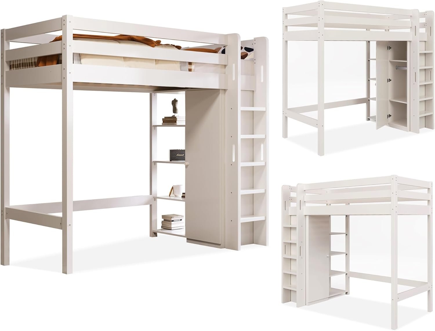 Kinderbett Hochbett 90x200 cm Weiß mit Kleiderschrank | Etagenbett mit 6 Regalen & Schreibtisch unter dem Bett | Hochbett, EN 747-1 zertifiziert & kippsicher | Loftbett aus Massivholz(ohne Matratze)