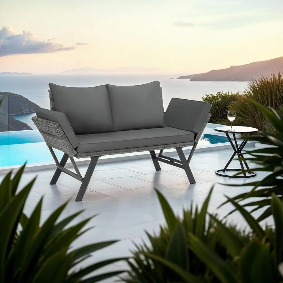 tectake Wicker-loungesofa Sintra, verstelbare armleuningen, 2in1, Grijs