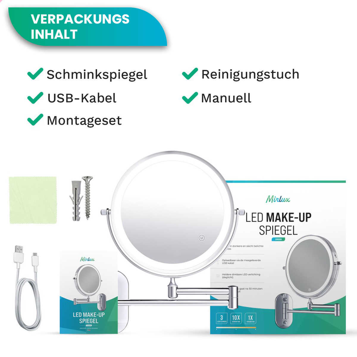 Mirlux cosmeticaspiegel met LED-verlichting, 5x vergroting, rond, 3 lichtstanden, chroom, werkt op batterijen