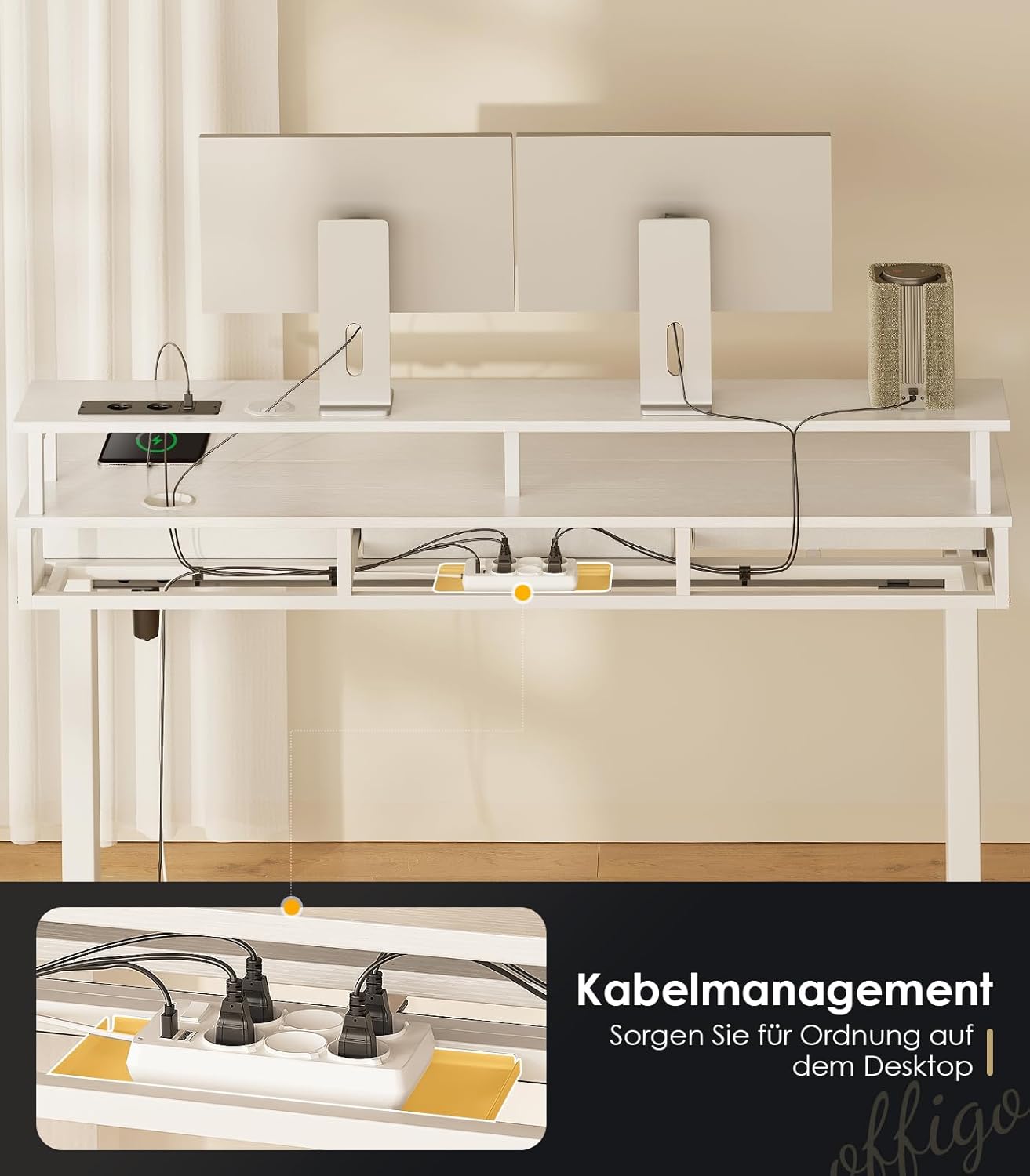 OffiGo Elektrischer Schreibtisch mit Schubladen, 120cm Höhenverstellbarer Schreibtisch mit Monitorständer, Standing Desk mit Steckdosen und Lichtleiste, Tisch Höhenverstellbar Bürotisch, Weiß