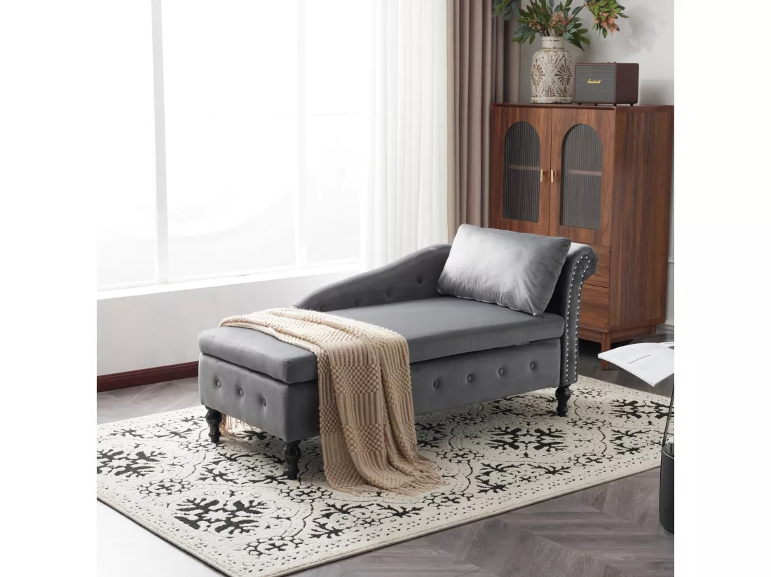 Chaise longue en velours avec coutures cloutées et boutonnées, rangement, coussins