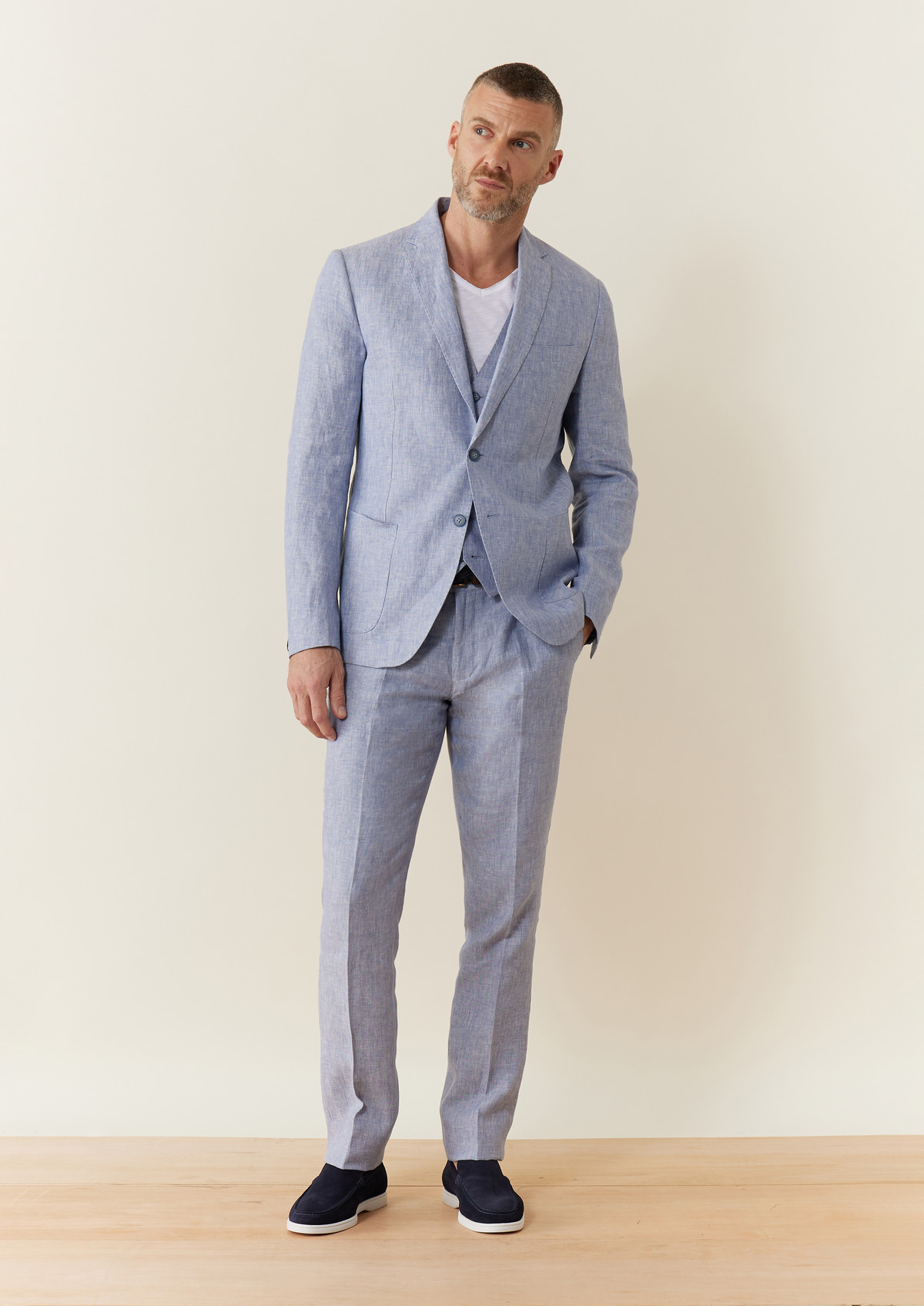 Pantalon coordonnable Slim en lin uni bleu ciel