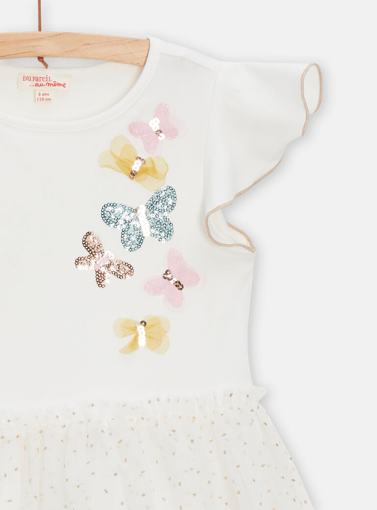 Robe écru bi-matière animation papillons pour fille