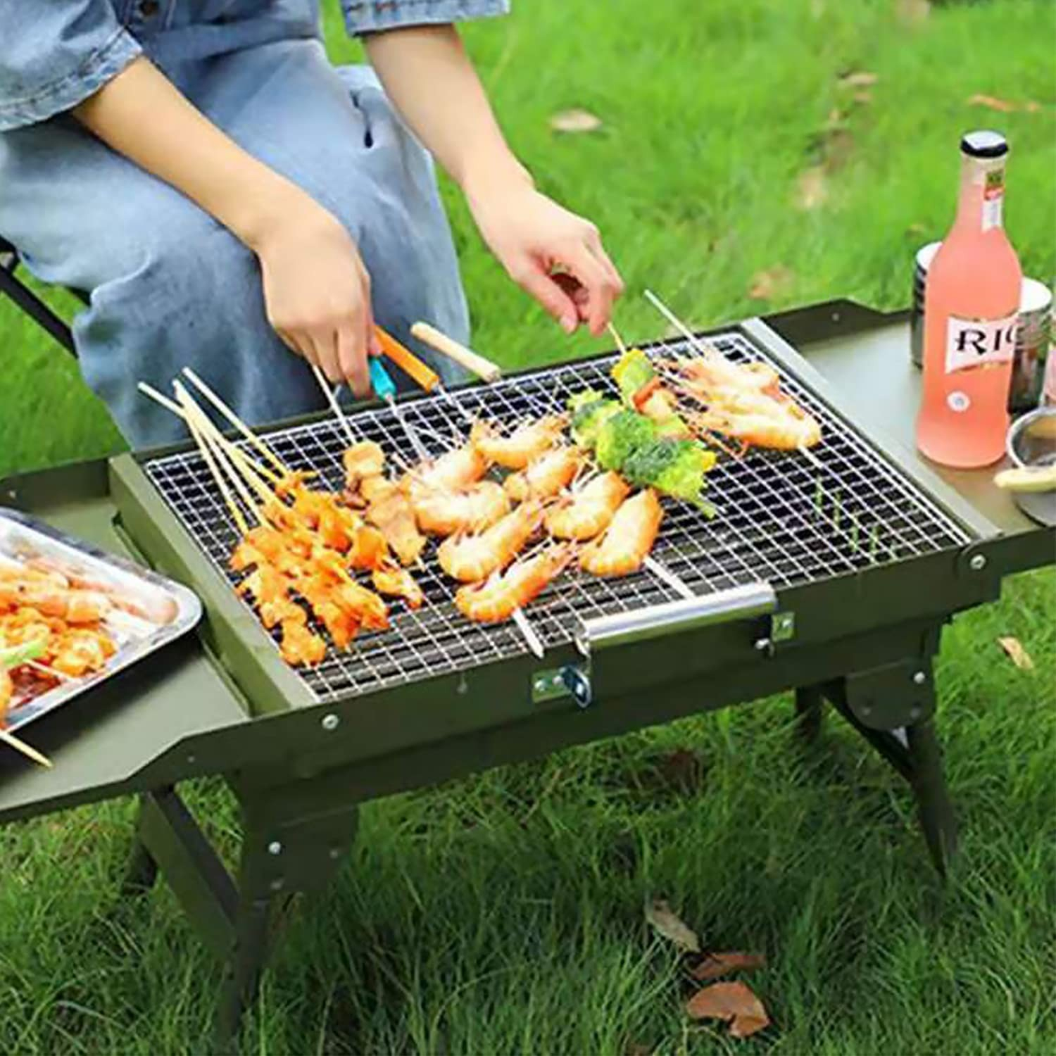 Faltbarer Aluminium Grill Portabler Outdoor BBQ Kohlegrill inkl. Tragegriff - Grün