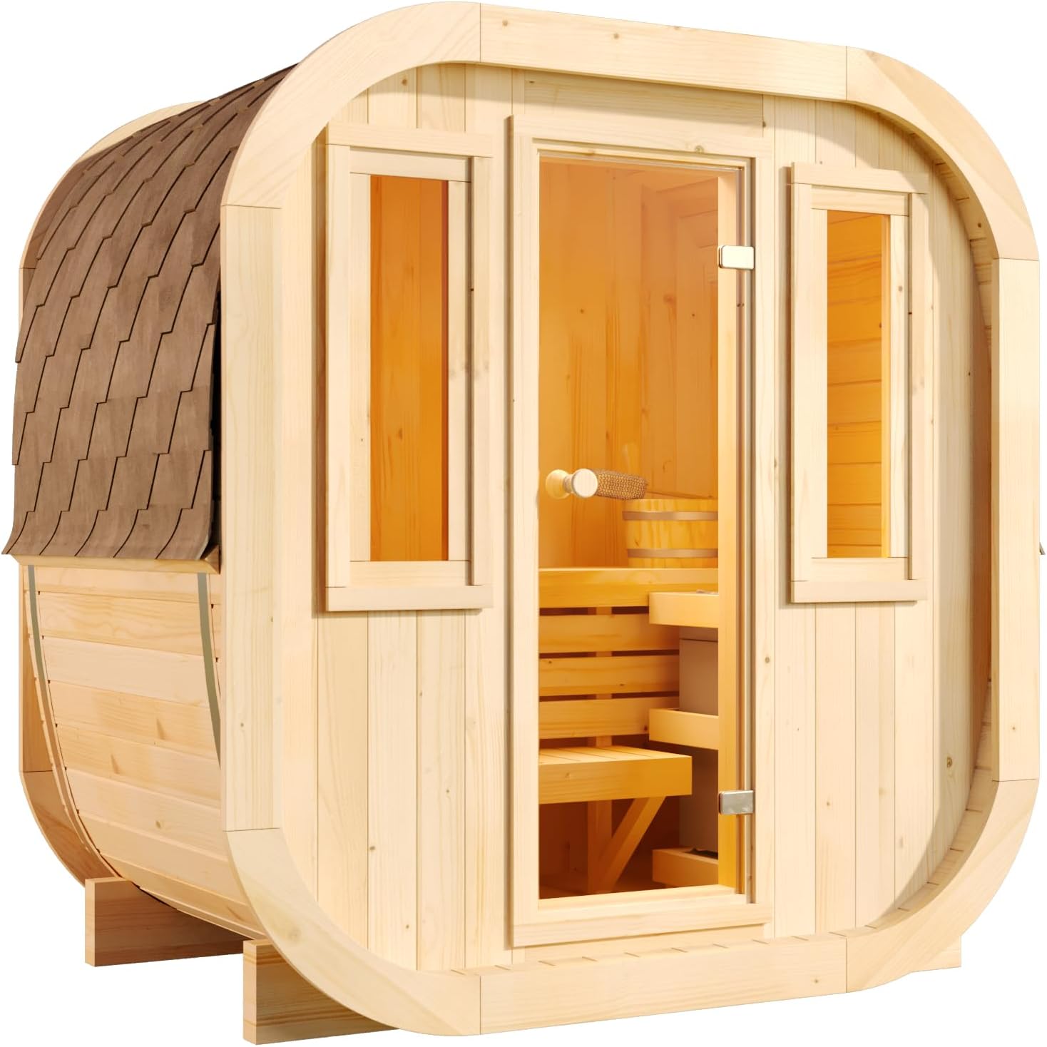 Fasssauna ScandiCube Mini XXS Fasssauna 1 Sitzbänke aus Holz, Sauna mit 42 mm Wandstärke, Außensauna mit Montagematerial