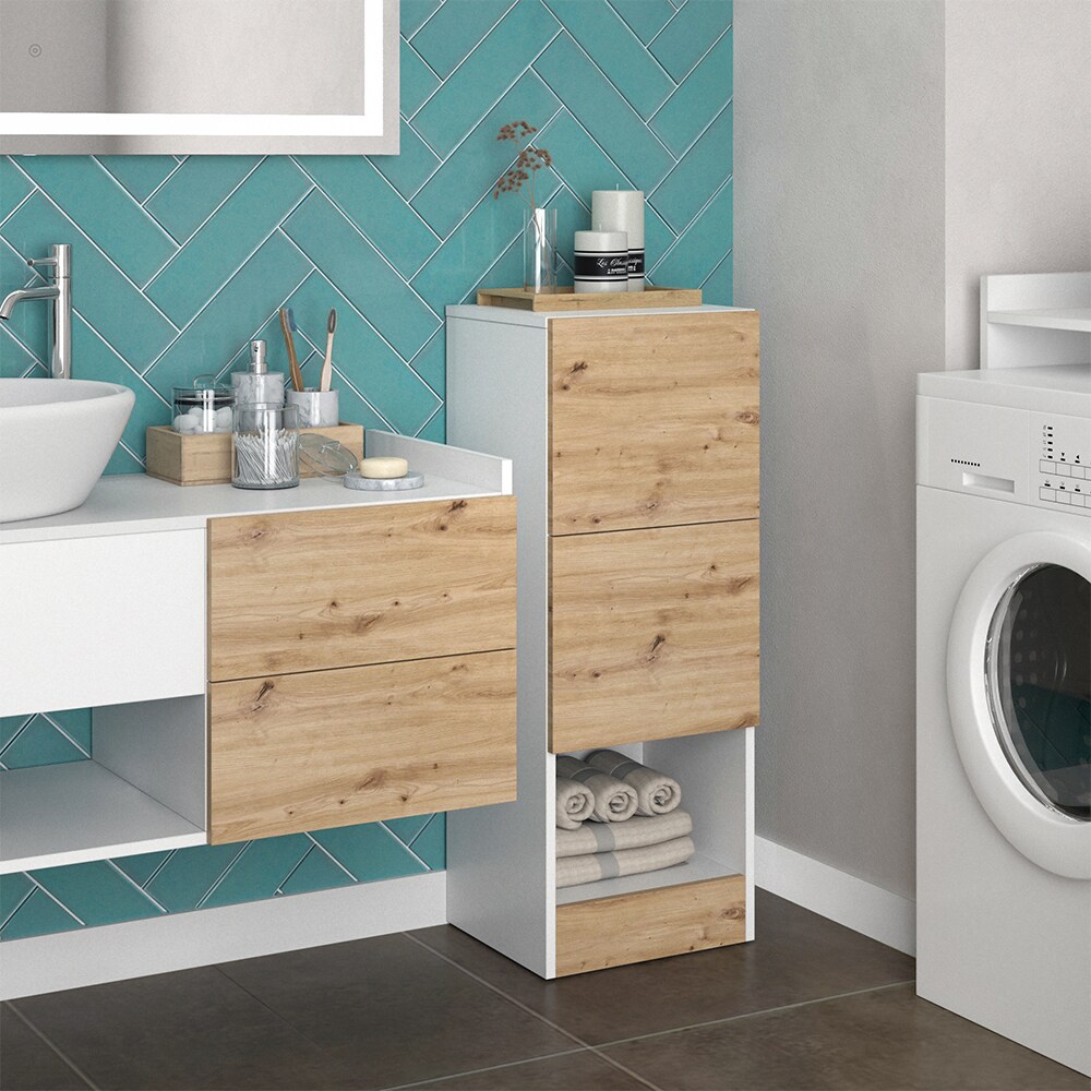 Vicco Midischrank Alf 35 x 92 cm, Weiß Artisan Eiche, Badezimmer, 2 Schubladen