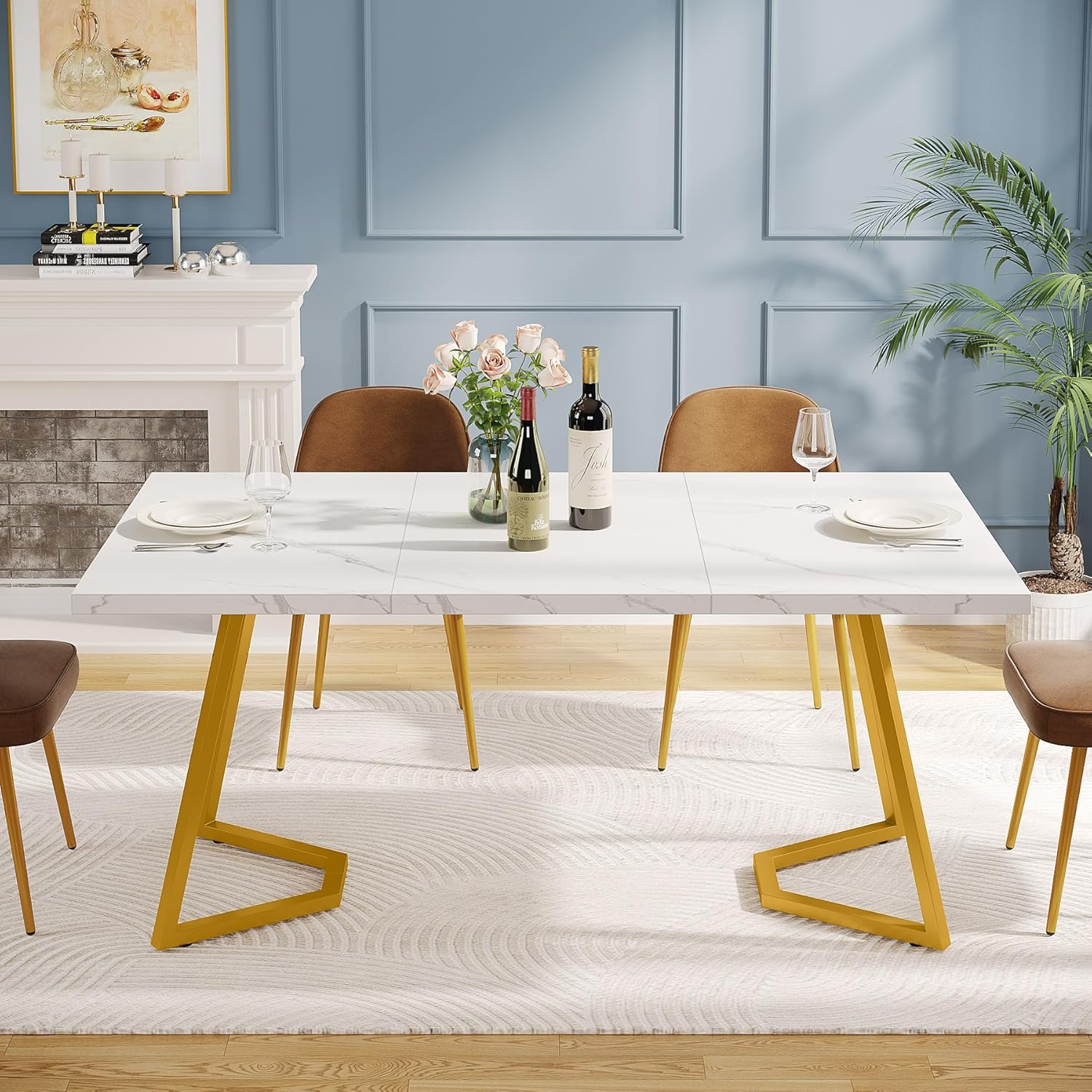 Tribesigns Moderner Goldener Esstisch,140X80 cm weißer Küchentisch mit goldfarbenen Metallbeinen, künstlicher Marmor, Kleiner Esszimmer-Küchentisch für 4-6 Personen, rechteckiger Esstisch für Wohnung HV0886085