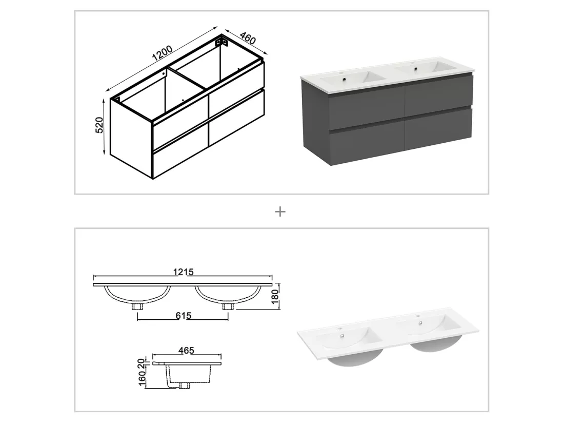 Ensemble muebles salle de bain 120cm double vasque + miroir Anthracite - Aica