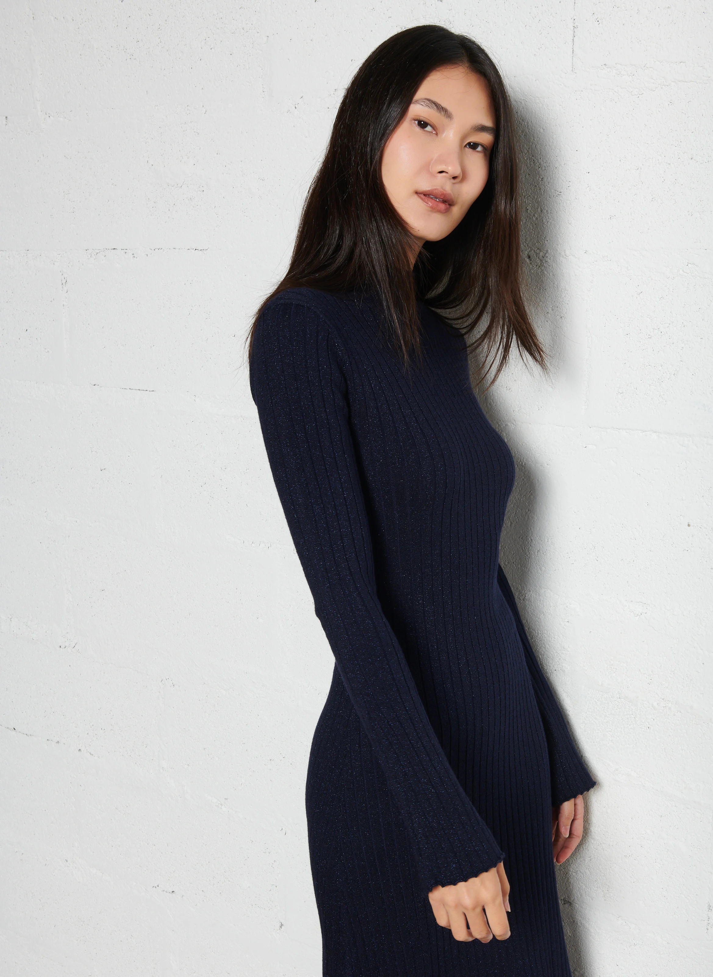 Robe longue col montant en coton bio mélangé | Bleu