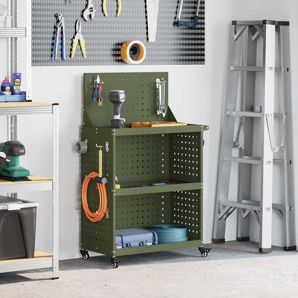 vidaXL Gereedschapswagen met plank en wiel olijfgroen 65 x 35 x 111 cm