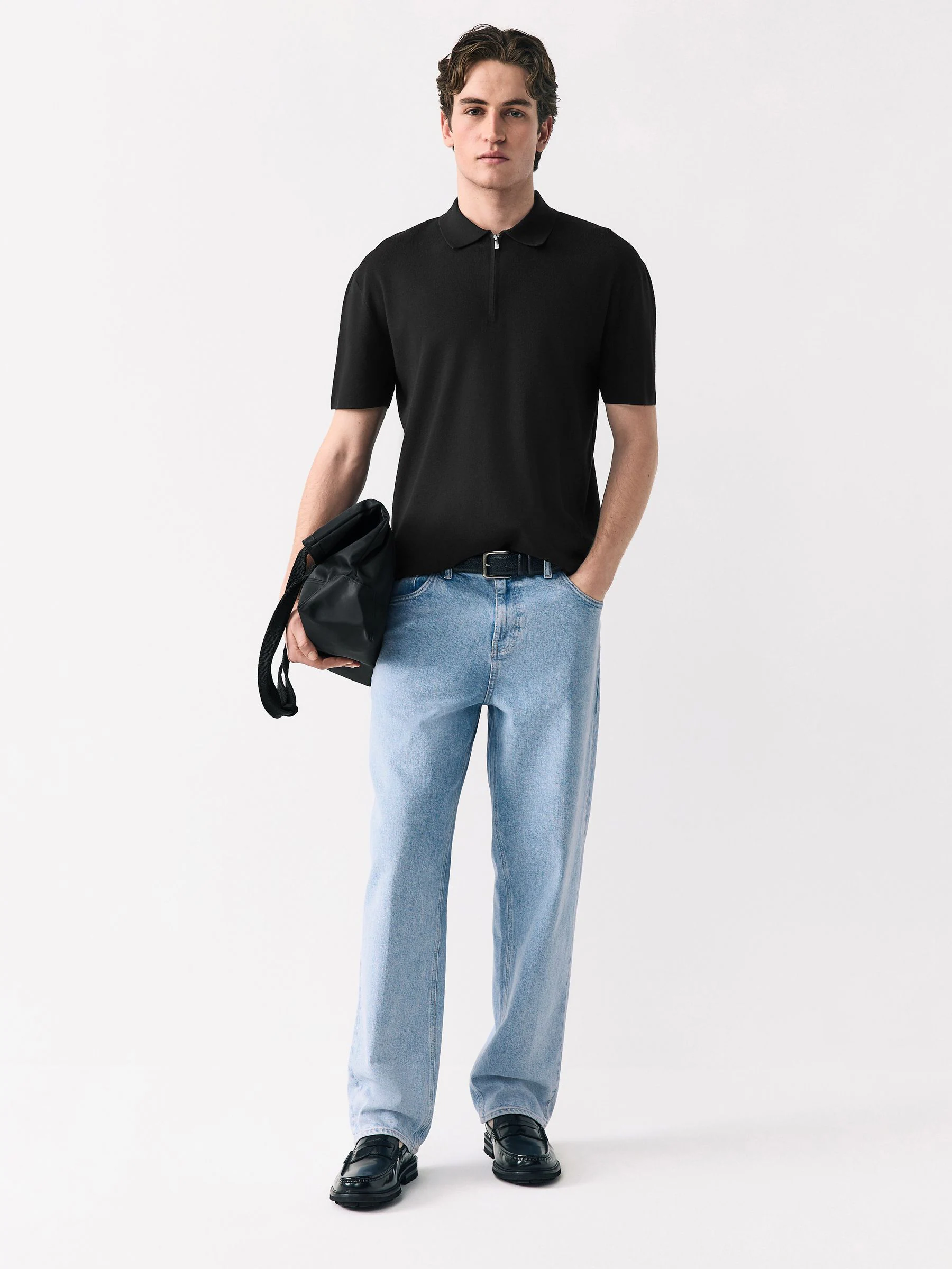 Zwart - Relaxed Fit Premium middelzwaar gebreid poloshirt met korte mouwen