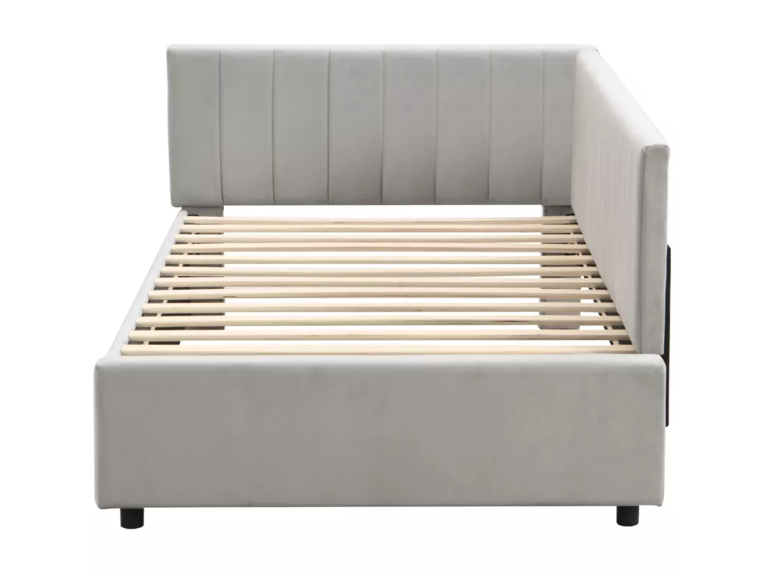Lit gigogne capitonné 90x200cm, canapé-lit, sommier à lattes, lit simple, velours, Gris