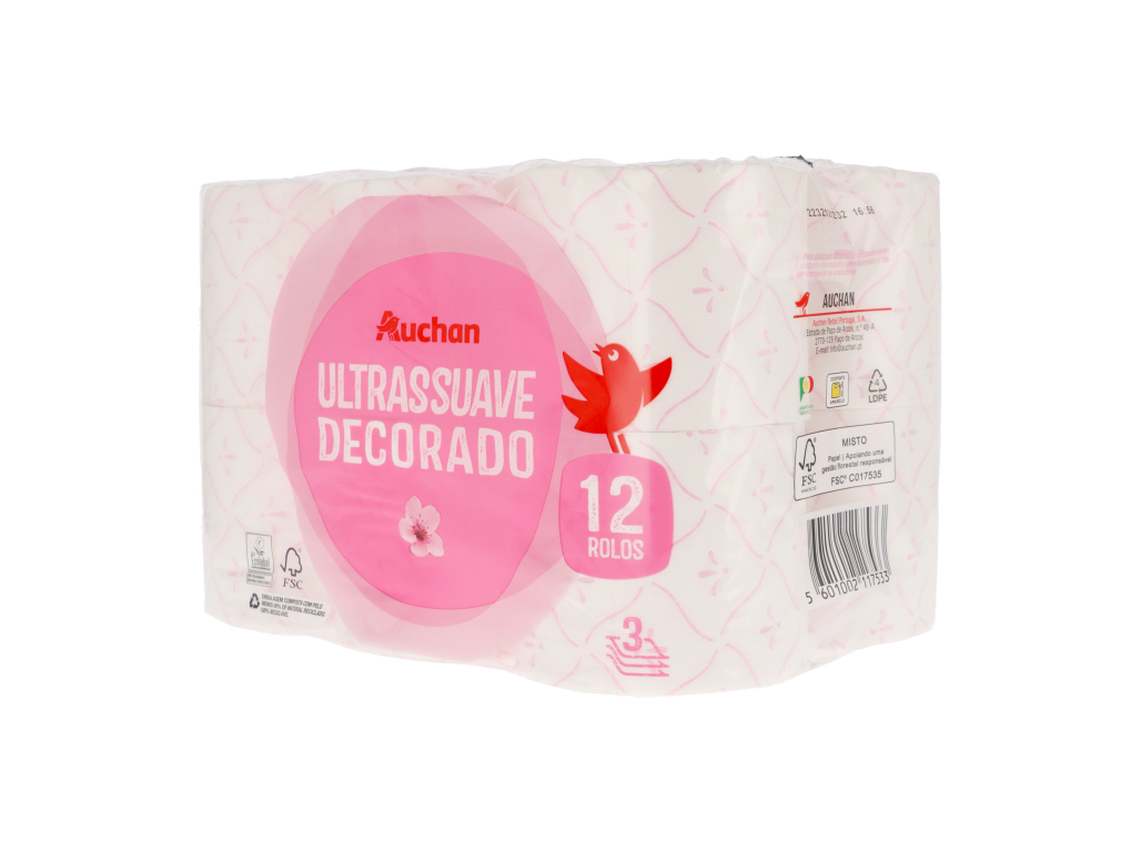 PAPEL HIGIÉNICO AUCHAN ULTRASSUAVE DECORADO 3 FOLHAS 12 ROLOS