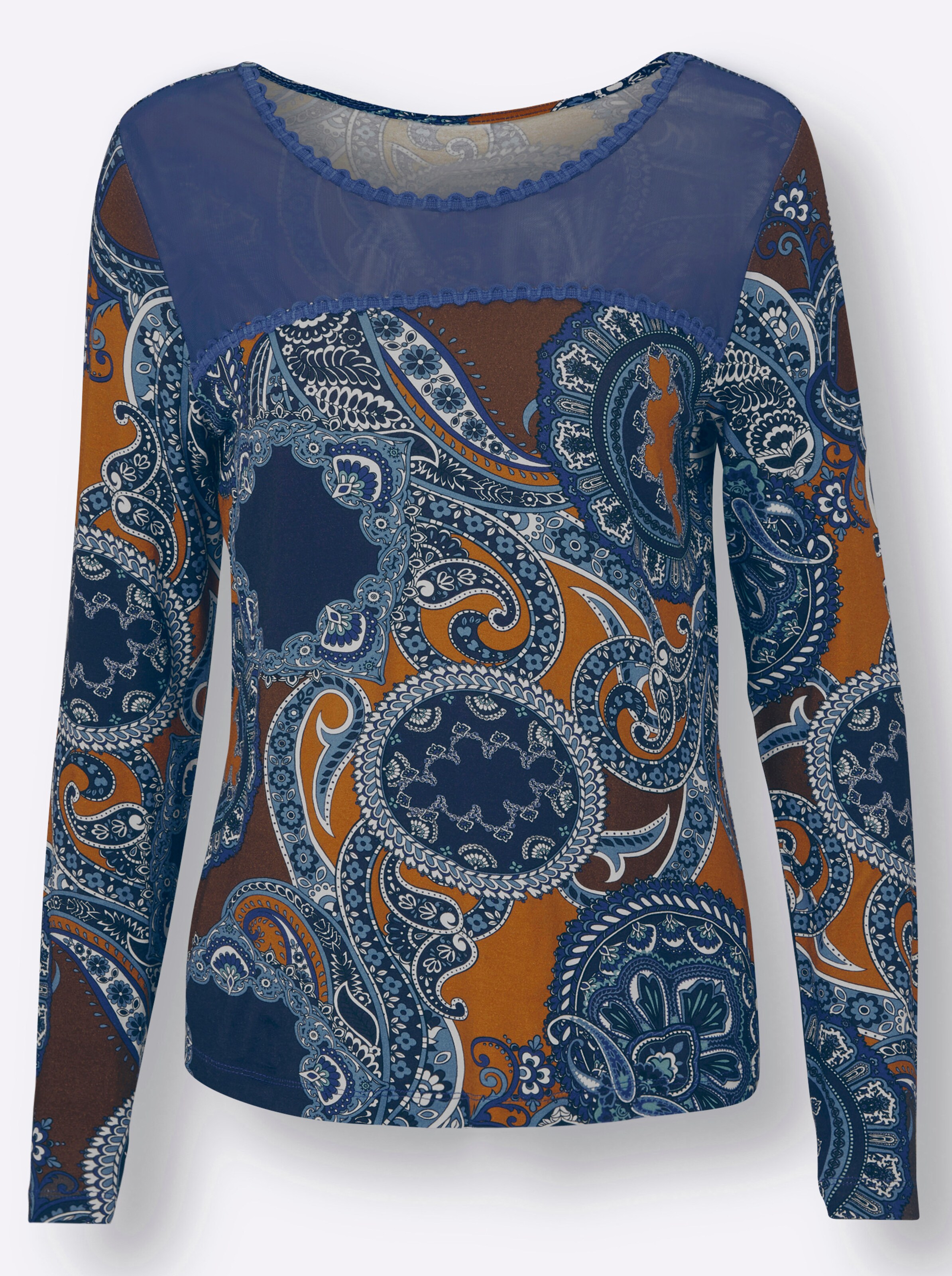 Rundhalsshirt in schoko-royalblau-bedruckt