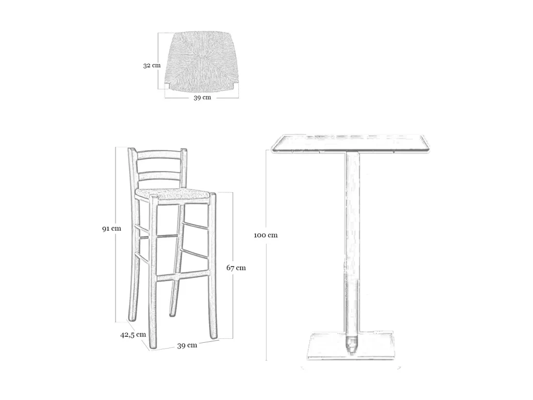 Lot de 2 tabourets de bar en bois avec assise en paille de noyer foncé, h 67 cm