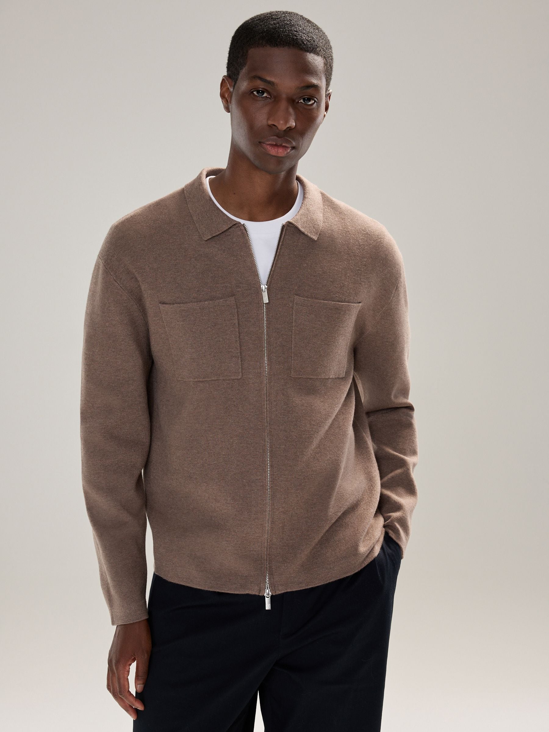 Paddenstoelbruin - Regular Fit Premium Feel Mid Weight Zip Through Collared Cardigan