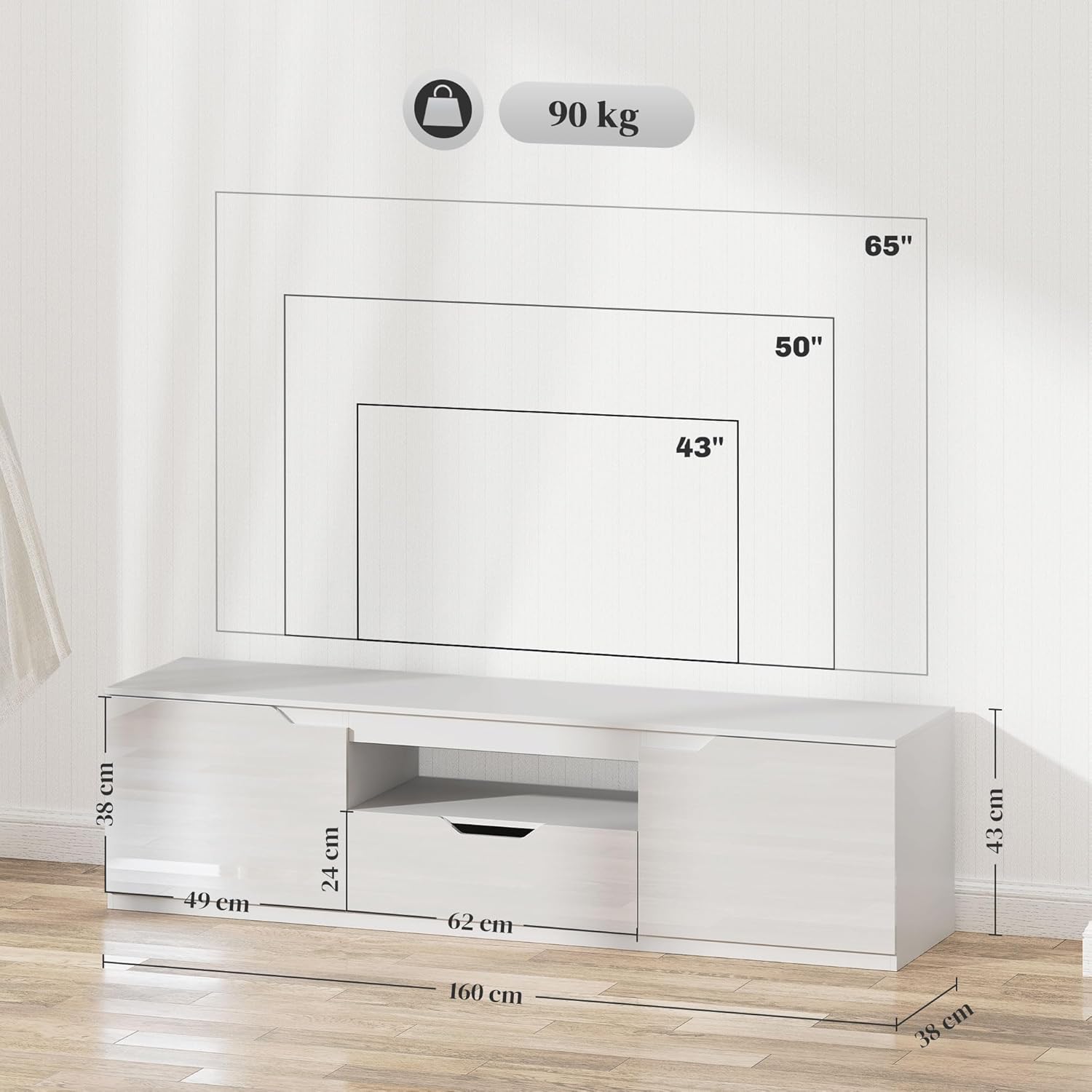 HOMCOM TV Schrank Lowboard mit 2 Türen, Schublade, 160 cm lang Fernsehtisch für Fernseher bis zu 65 Zoll, TV Board mit Kabelmanagement für Wohnzimmer, Weiß