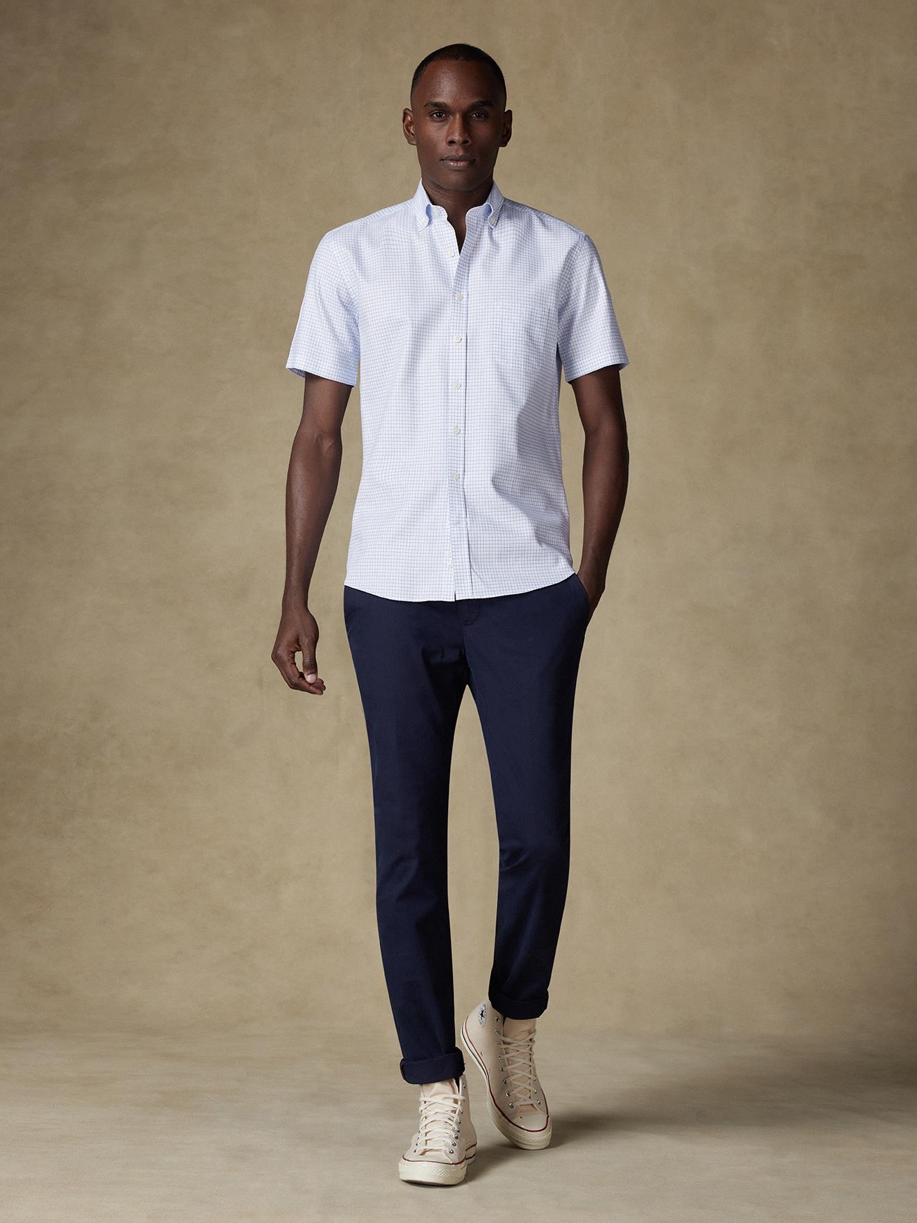 Chemise manches courtes Oleg à carreaux bleus - Col boutonné