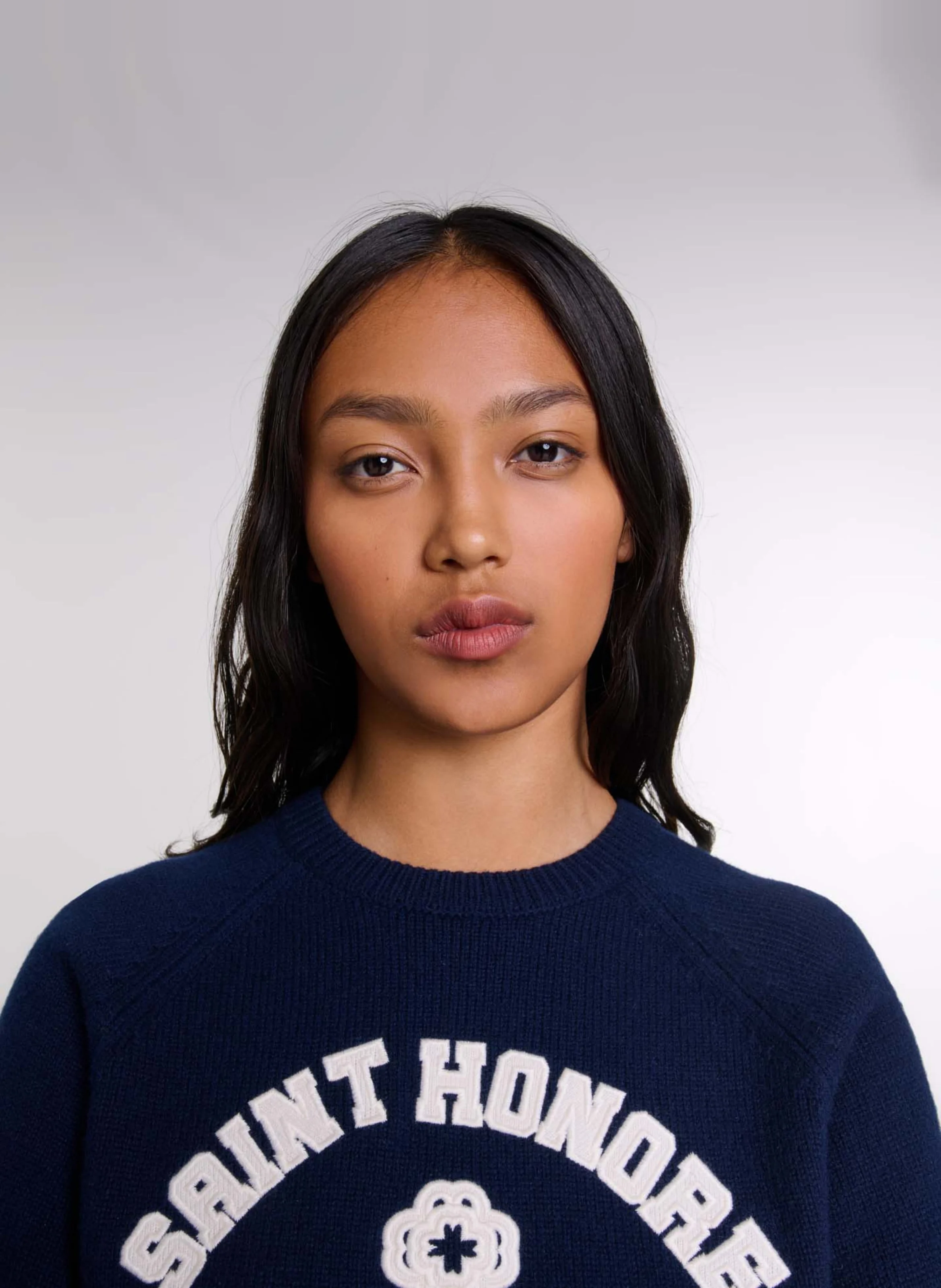 Pull col rond droit en laine mélangée | Bleu