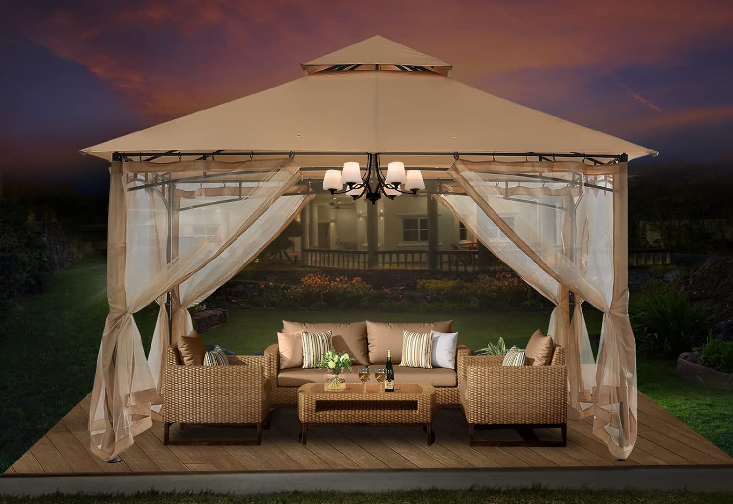 ABCCANOPY 3.35x3.35m Gartenpavillon für Terrasse Doppeldachweichdach Garten Hinterhof-Pavillon mit Netz für Schatten und Regen,Beige