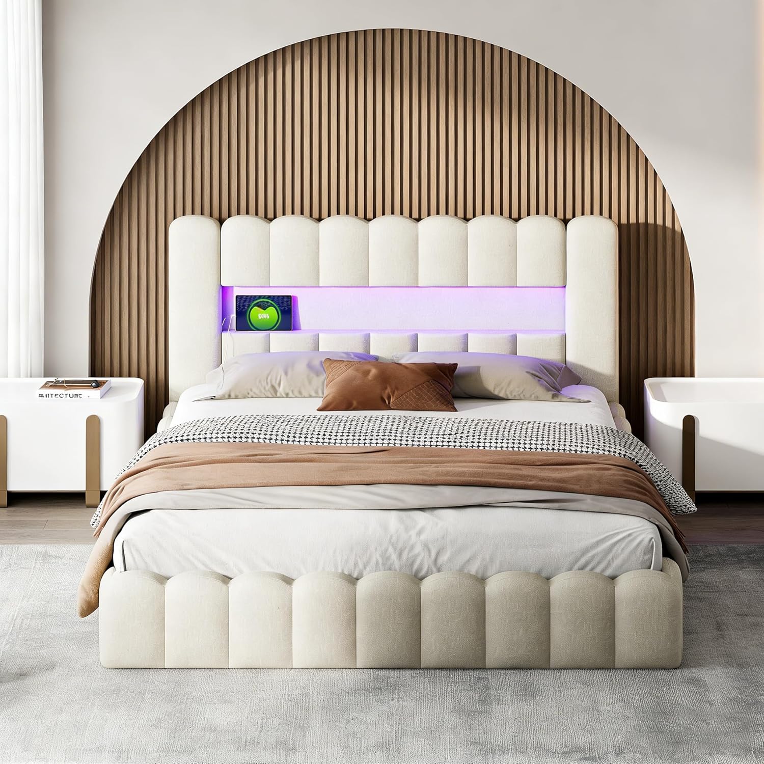 Polsterbett 180x200, Bubble Bett mit Hydraulischem Stauraum, USB-Ladefunktion und LED-Beleuchtung, Doppelbett Bettgestell (Beige Leinen, Ohne Matratze)