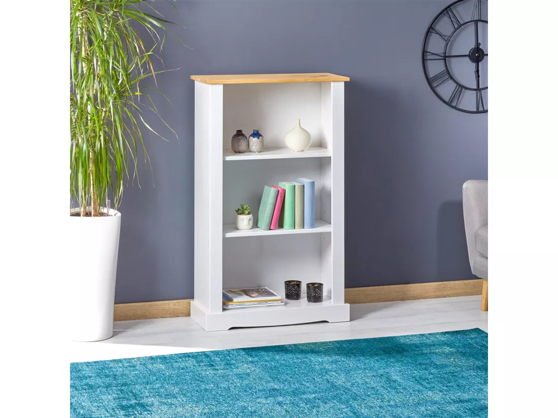 Etagère TEQUILA bibliothèque 3 étagères, dim 70 x 116 x 30 cm, en pin massif lasuré blanc et brun