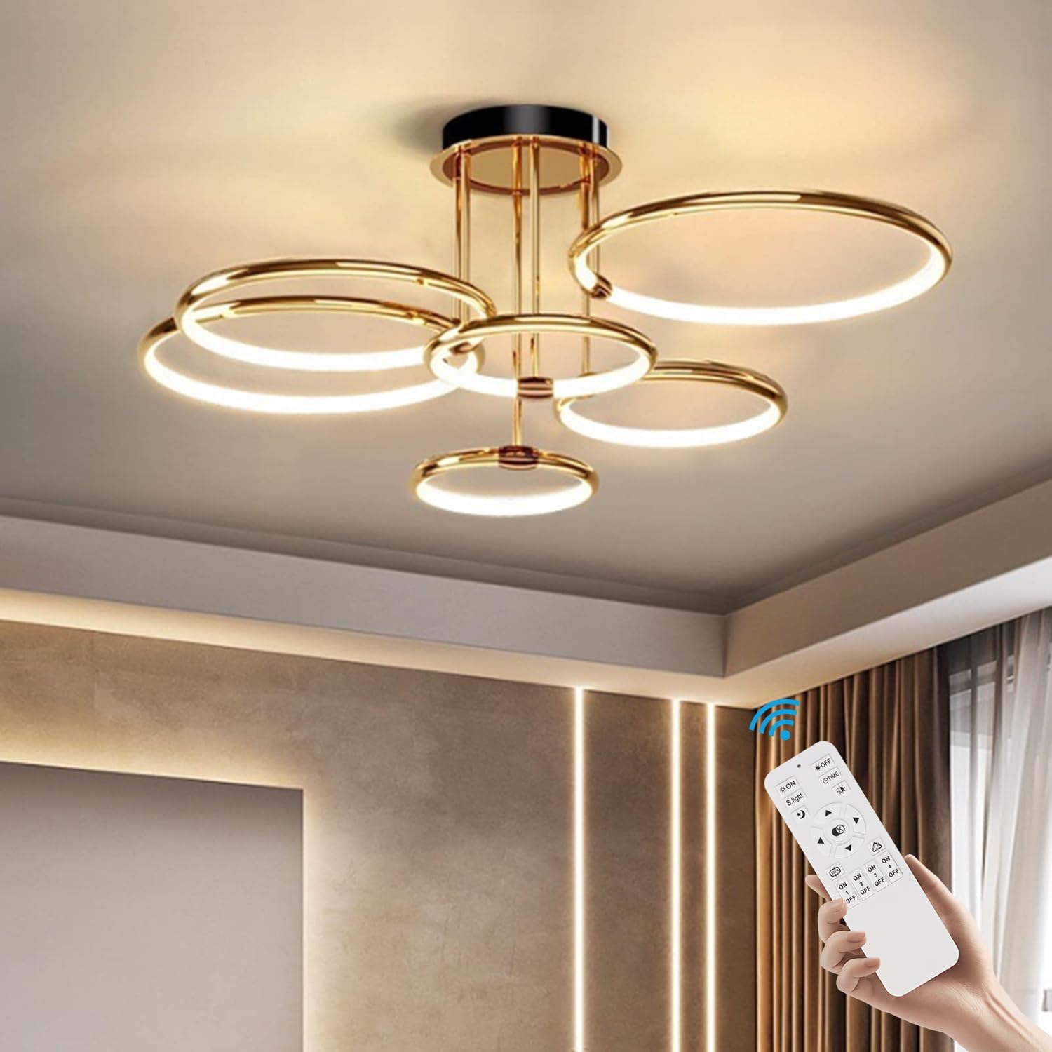 LED Deckenleuchte Modern Design Deckenlampen Gold 6-Ring Lampen Dimmbar Wohnzimmerlampe mit Fernbedienung, Aluminium Led Beleuchtung für Wohnzimmer Schlafzimmer Küche Esszimmer Büro 104cm, 140W…