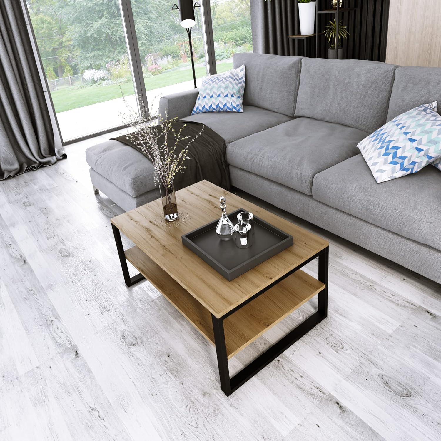Beistelltisch Couchtisch Rechteckig Wohnzimmertisch Kaffeetisch Modern Sofatisch Tischplatte Tisch mit unterer Ablage Beine aus Metall Industrieller Stil Basic (Eiche Eternal)