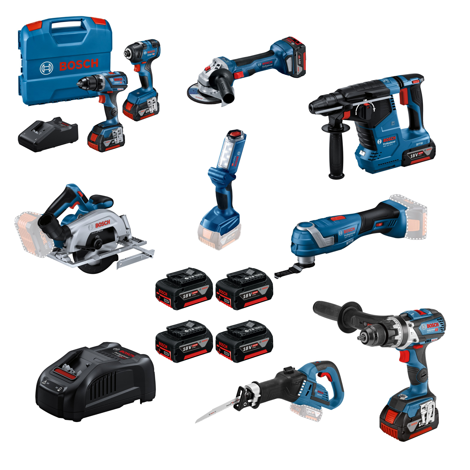 Bosch 8 Toolkit 18V 8-delige accu Combiset (4x 5,0Ah) in tas