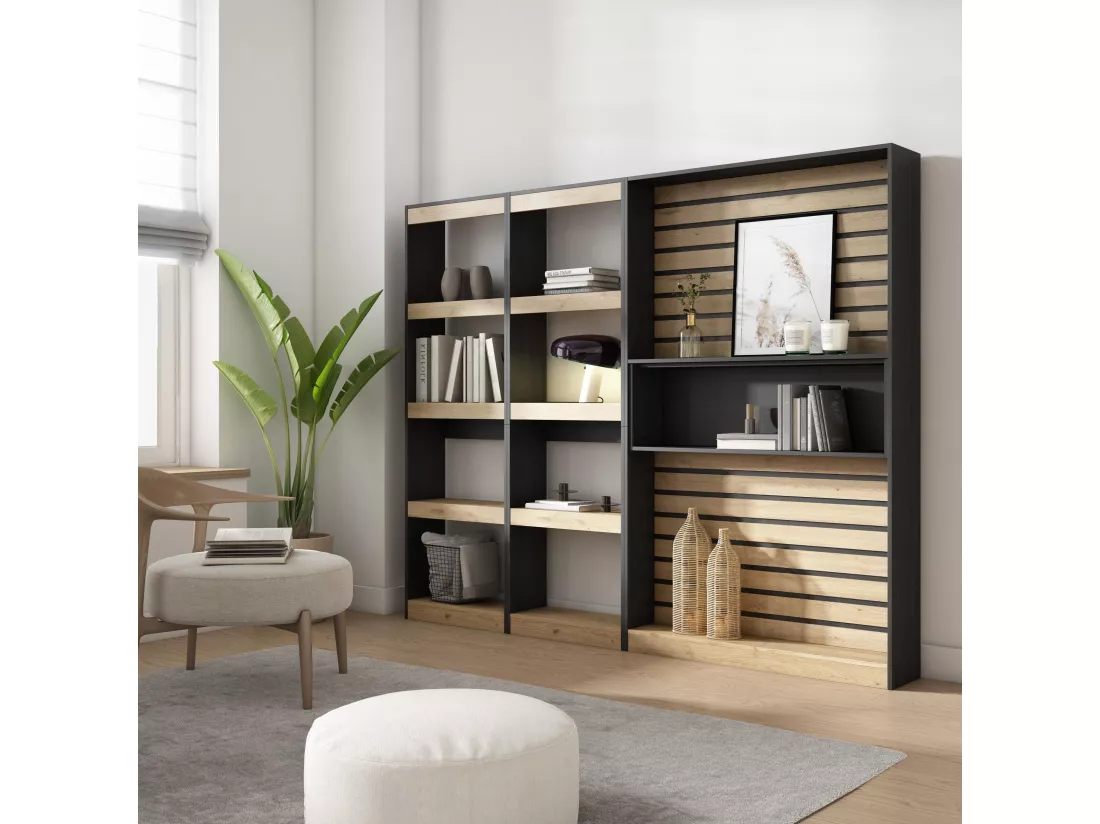 Étagère Bibliothèque, 230x186x25cm, Salon Salle à manger Bureau, Salon, Bureau, Chêne et noir