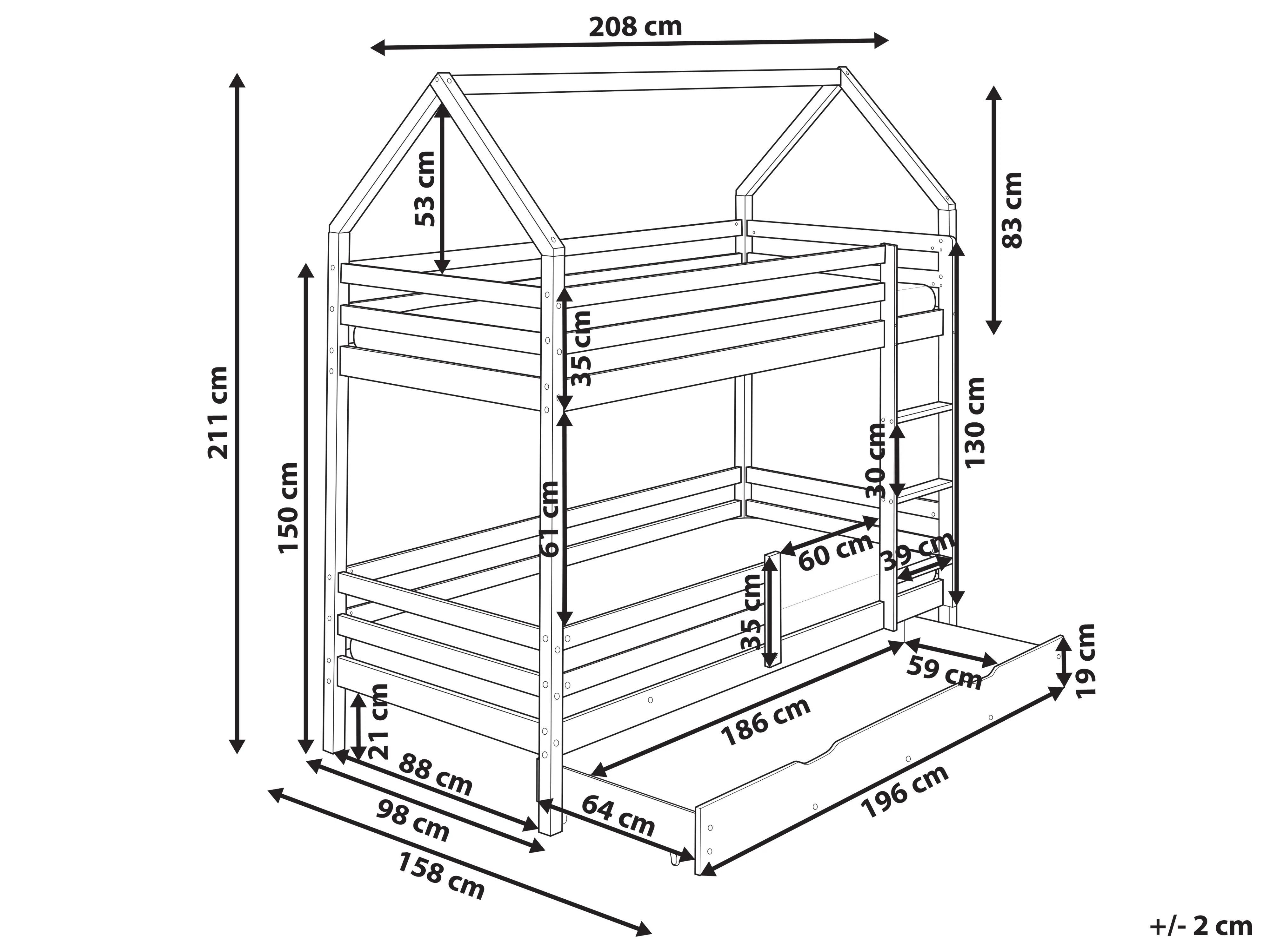 Hoogslaper met laden Huis Dennenhout GIRGOLS 90 x 200 cm met opbergruimte Wit