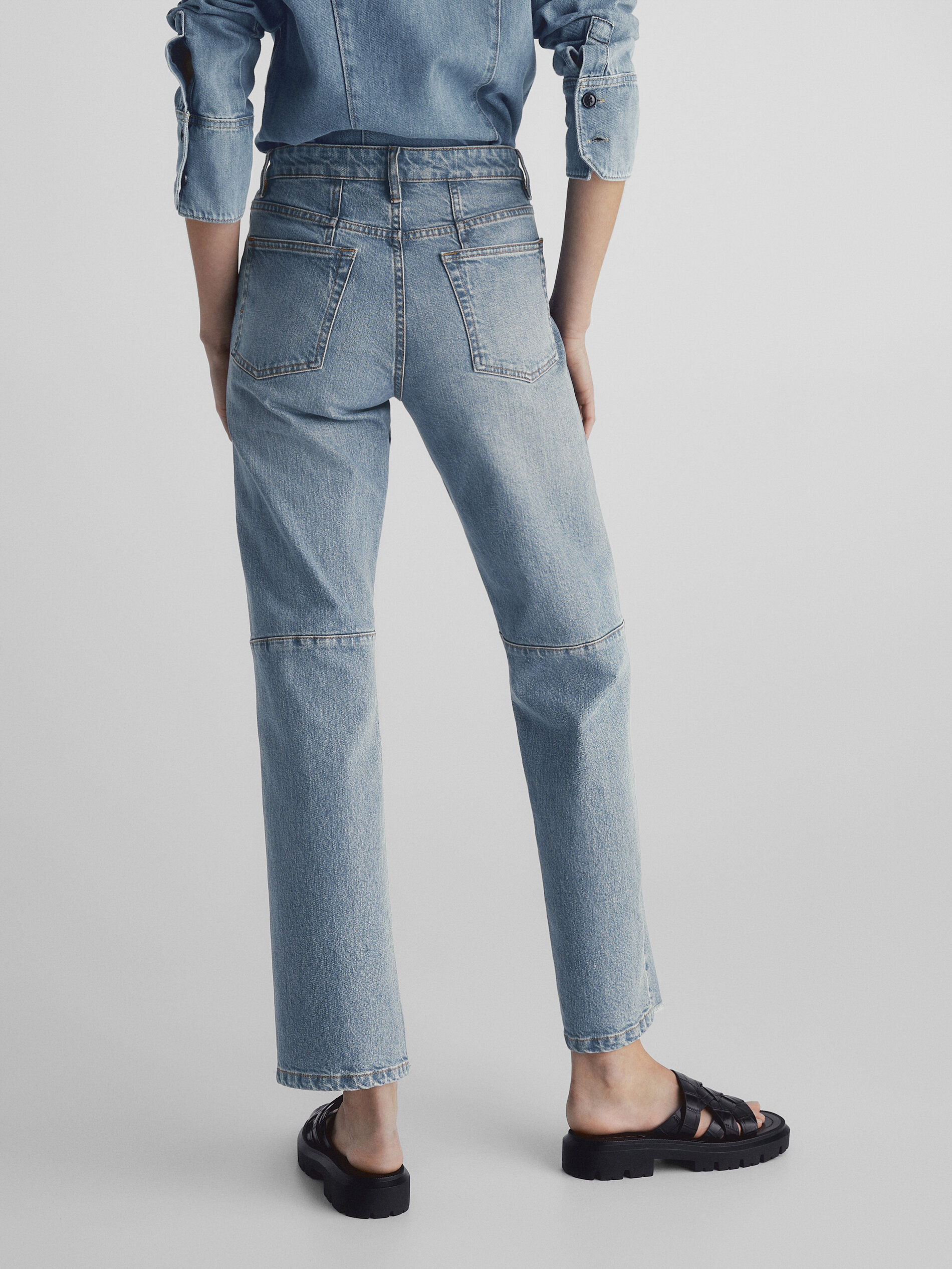Calça Slim Fit de Tamanho Médio com Costuras - Azul Claro