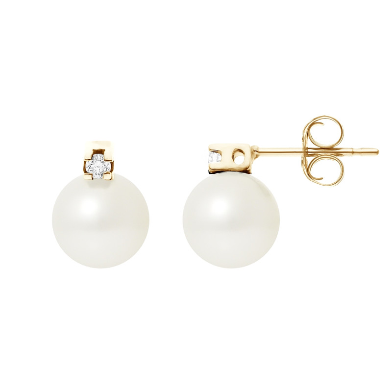 Boucles d'Oreilles Perles de Culture Blanches, Diamants et Or Jaune 750/1000