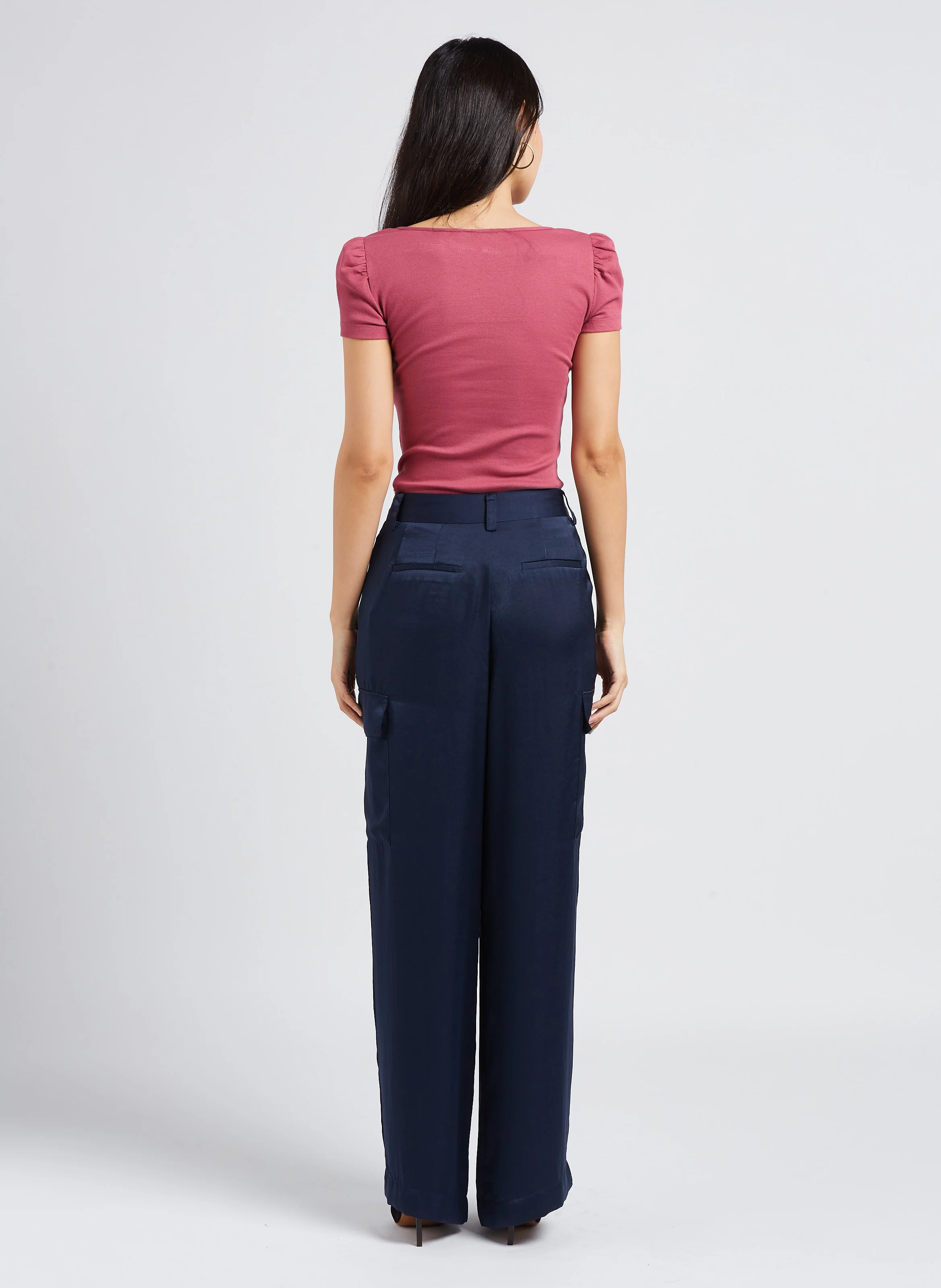 CARY - Pantalon cargo taille haute satiné | Bleu