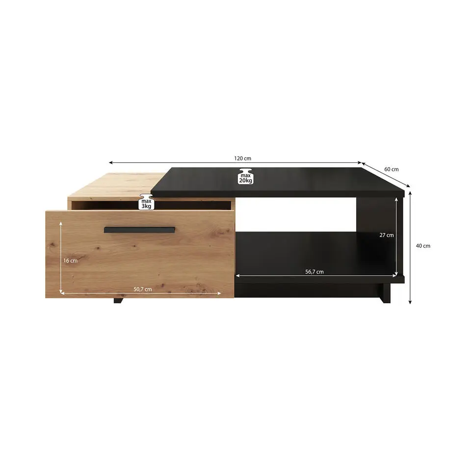 Meubella - Salontafel Incala - Eiken - Zwart - 120 cm