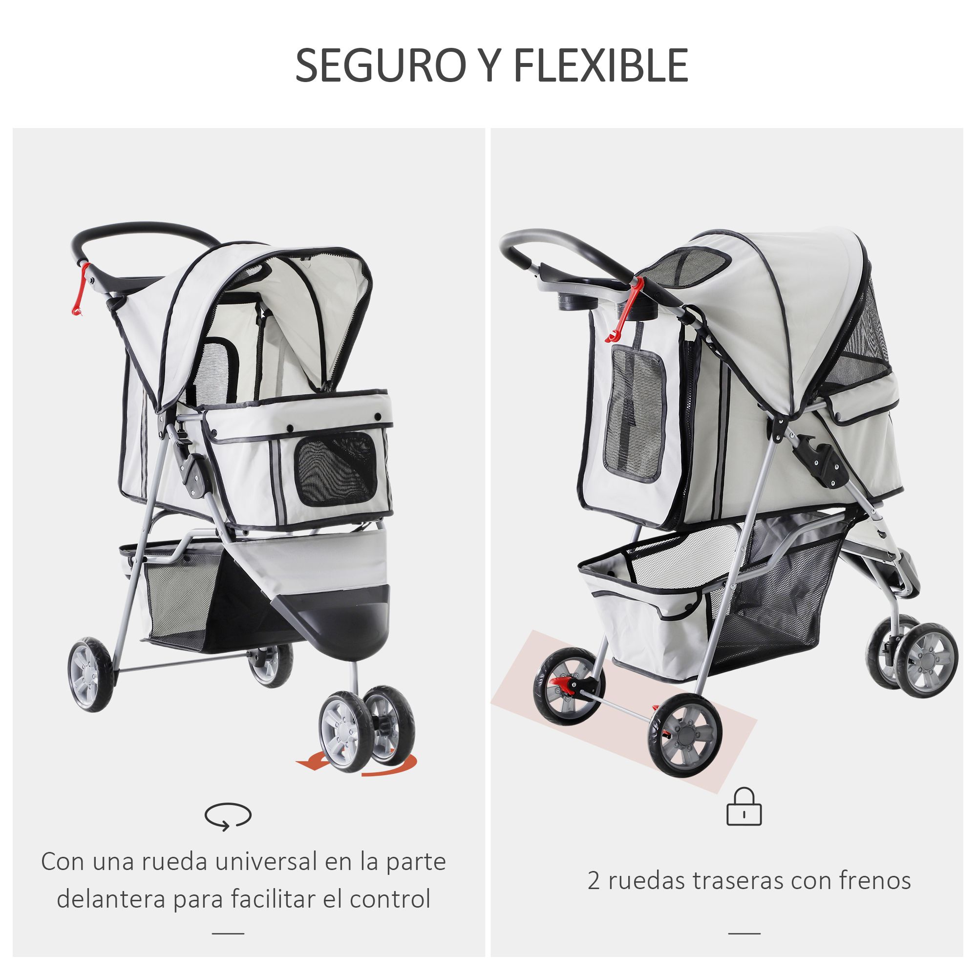 Carrinho de passeio dobrável cinza para animais de estimação PawHut