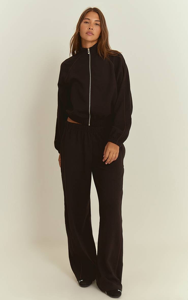 Noir Jogging Interlock À Jambes Larges Avec Passepoil Contrasté