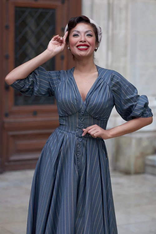Miss Candyfloss Nerita Lee swing jurk in marineblauw en geel