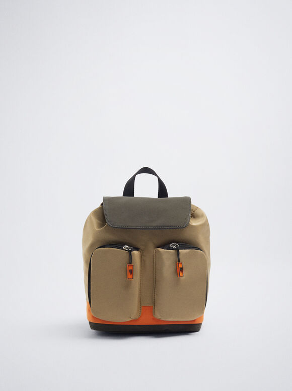Mochila de nylon com blocos de cores - Marrom