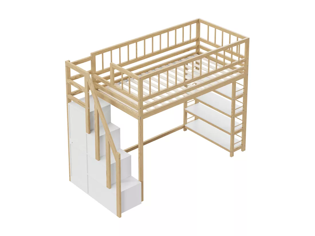 Lit mezzanine 90x200 cm - avec étagères et échelle de rangement - en bois massif - Naturel