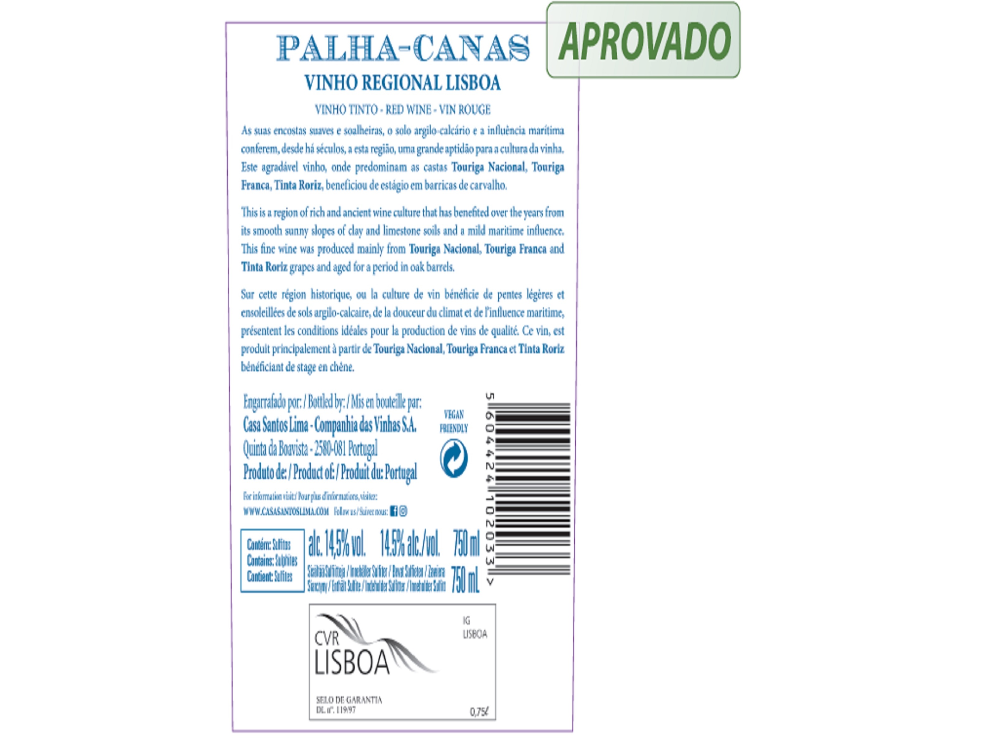 VINHO TINTO PALHA CANAS LISBOA 0.75L