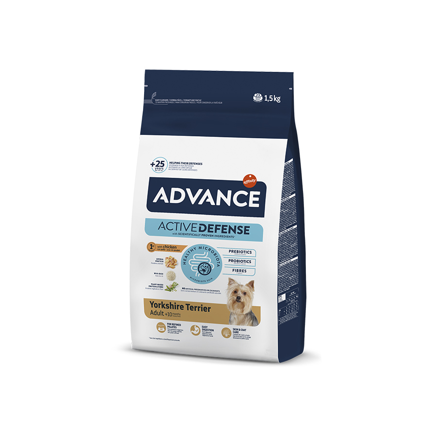 Ração Advance Active Defense para cães adultos da raça Yorkshire Terrier, 1,5 kg.