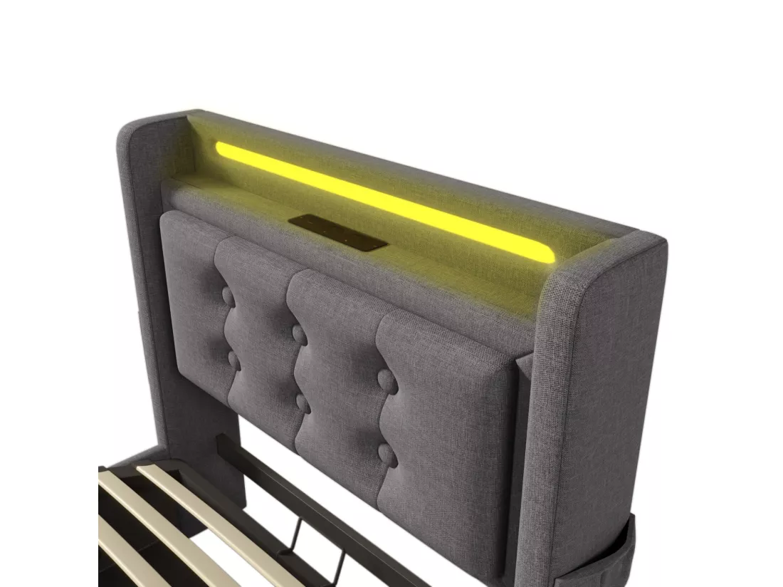 Lit coffre Gris 90x200cm - Coton - avec LED et EU Prise/USB/type C - tête de lit capitonnée - Max 150kg