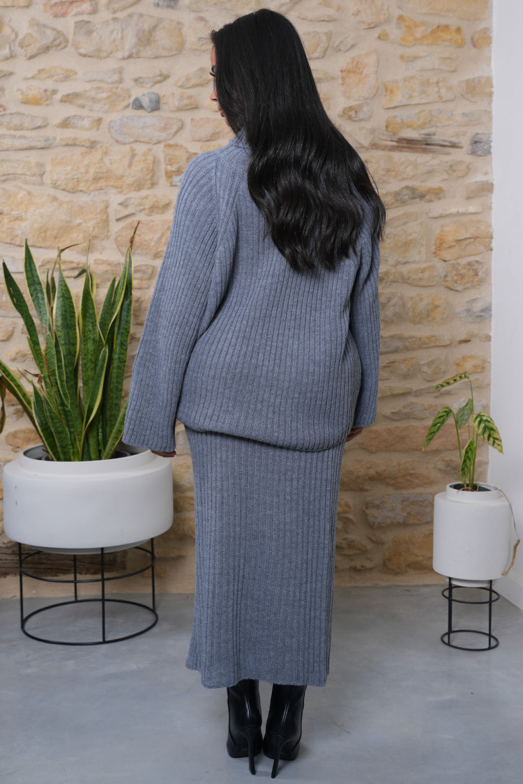 Ensemble 2 pièces pull + jupe en maille gris