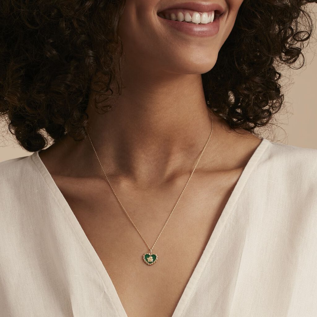 Collier Argent Dore Ange Cœur Plein Email Vert