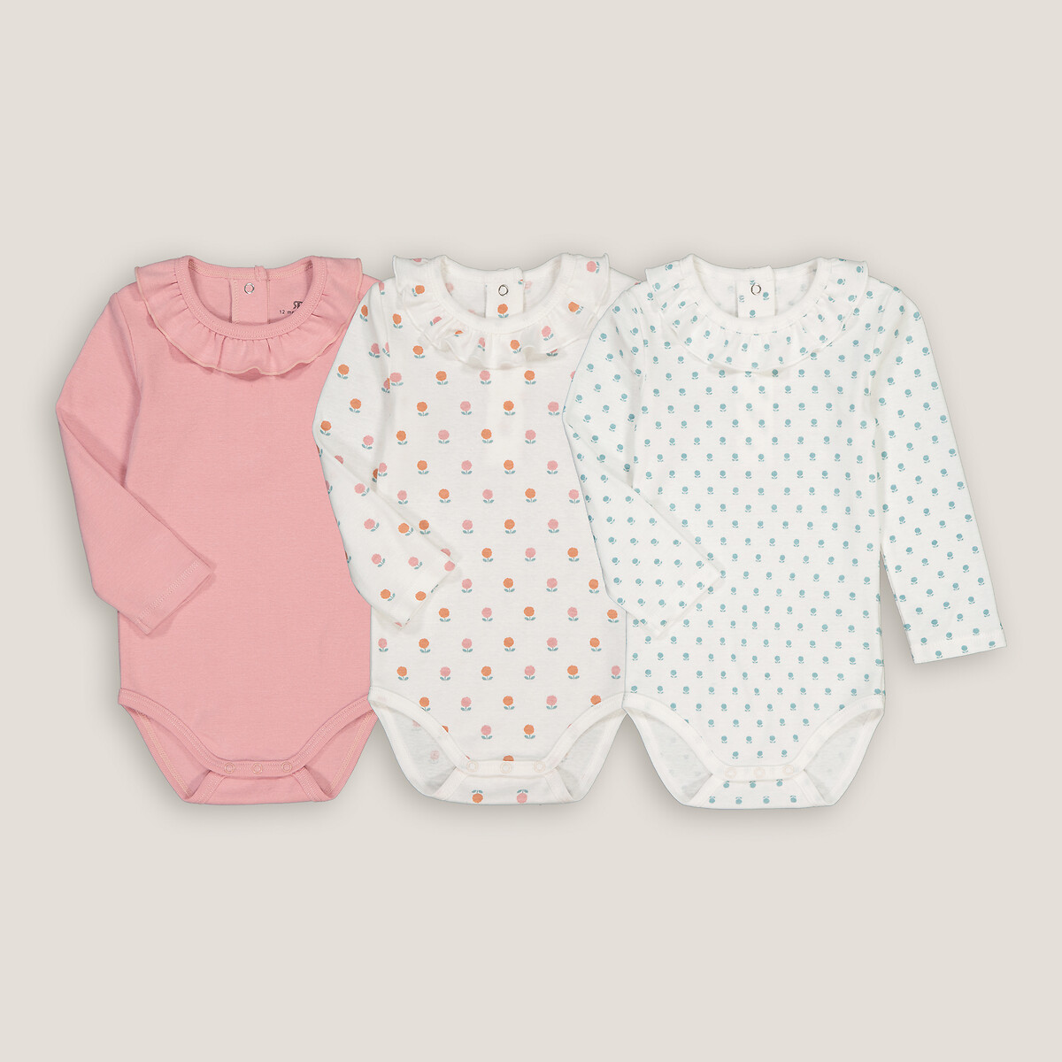 COLEÇÃO LA REDOUTE<br>Conjunto de 3 bodies de manga comprida com babado no decote