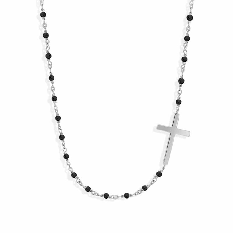 Collier Argent Rhodié Croix Et Pierres Spinelle Noir