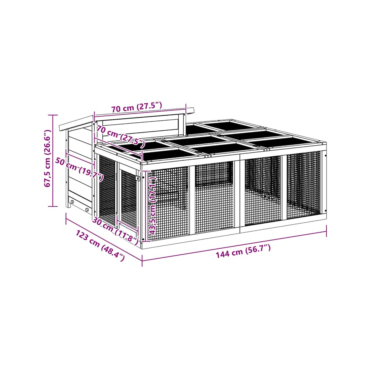 VidaXL Kaninchenstall 144x123x67,5 cm (L x B x H) rosiges braun