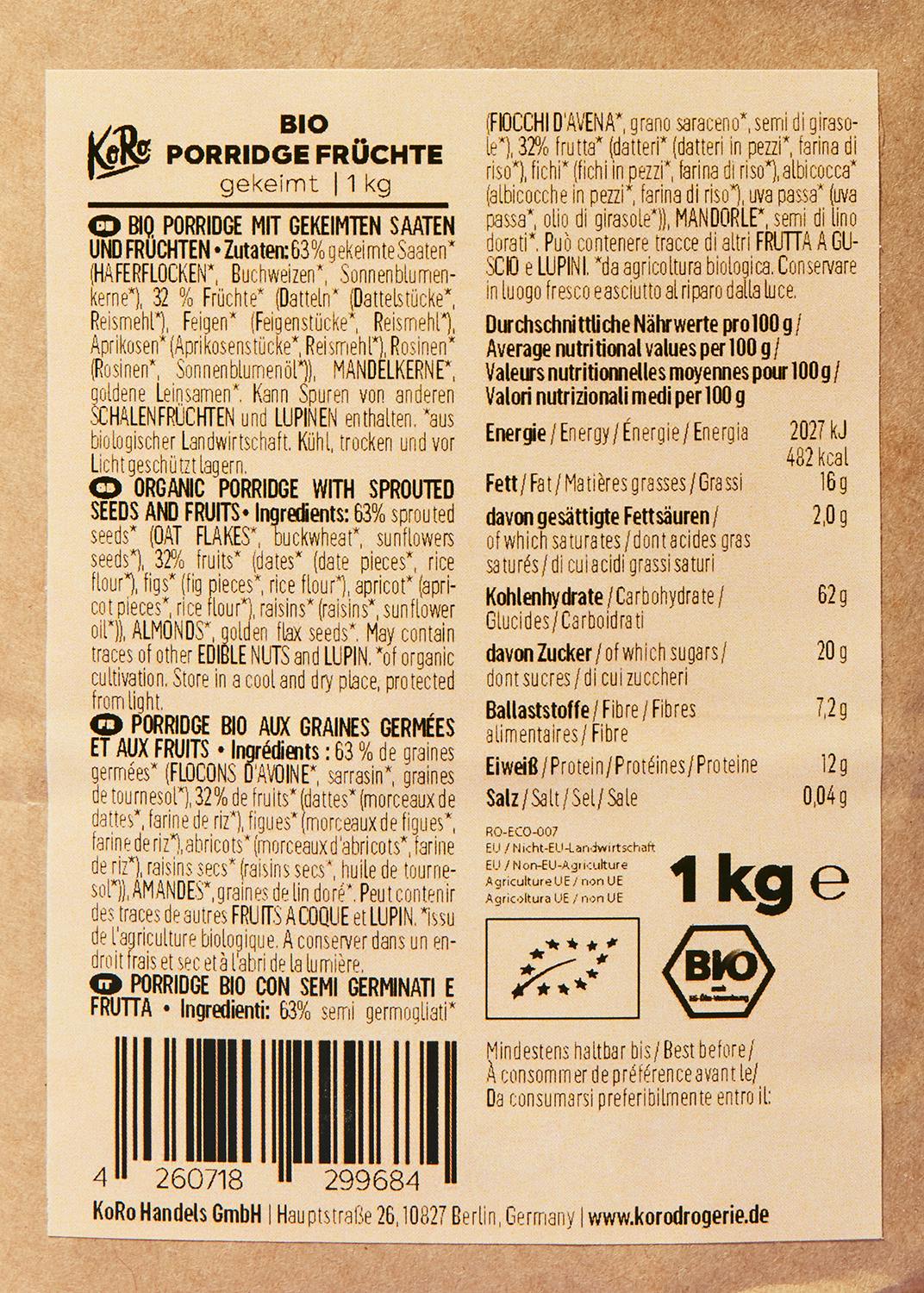 Gekeimtes Bio Porridge Früchte 1 kg