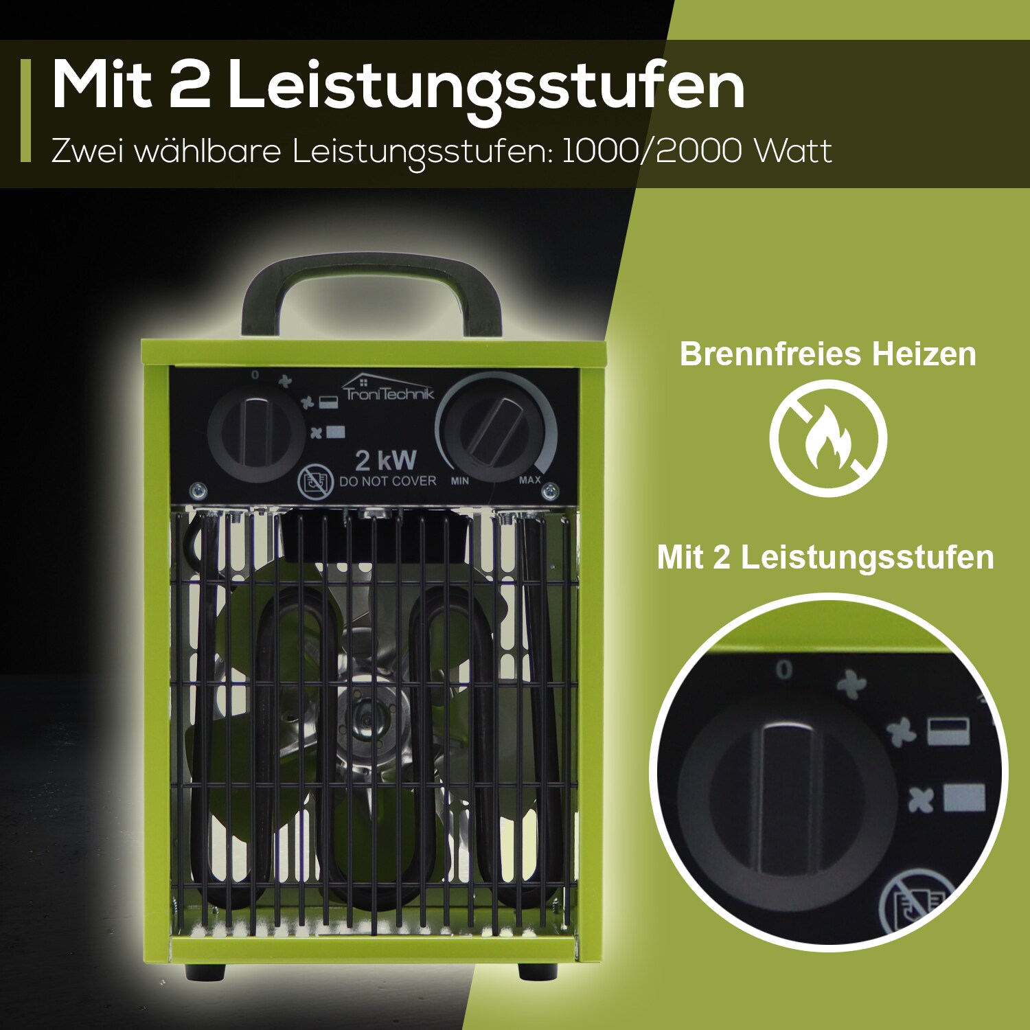 TroniTechnik® TT-EIH-152 Heizgerät Heizlüfter Heizung 2.000 Watt, Tragegriff, Stahl, stufenloses Thermostat, 2 Heizstufen